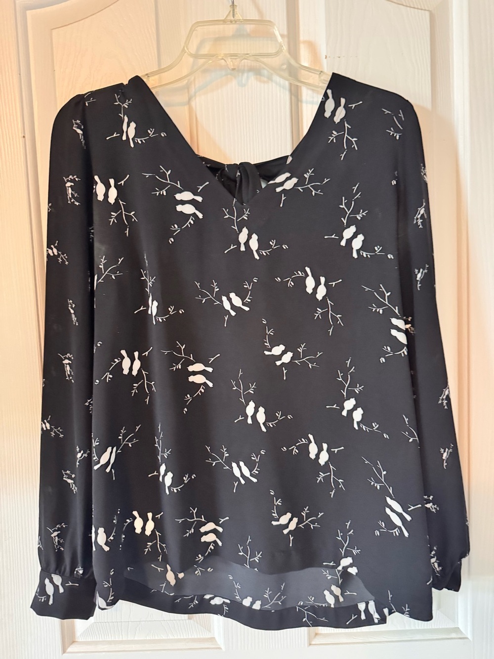 Black Bird-Print Long-Sleeve Blouse